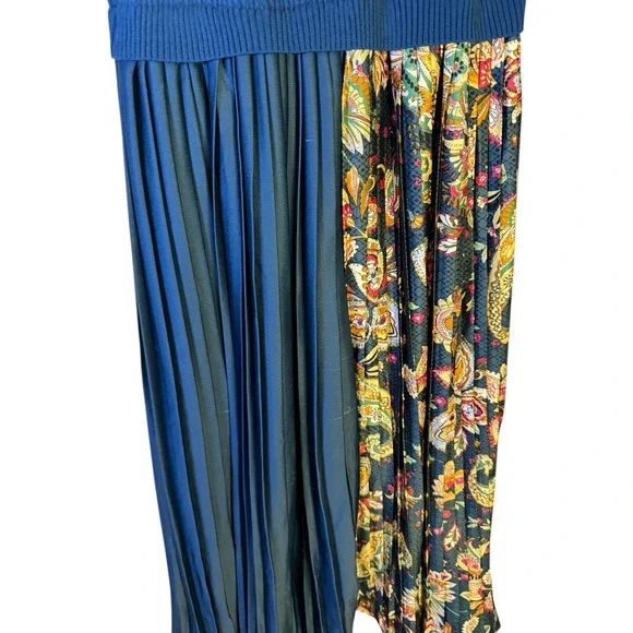 Dalia MacPhee Teal Ribbed Knit Paisley Pleated Midi Dress with Scarf Womens S - Picture 7 of 8